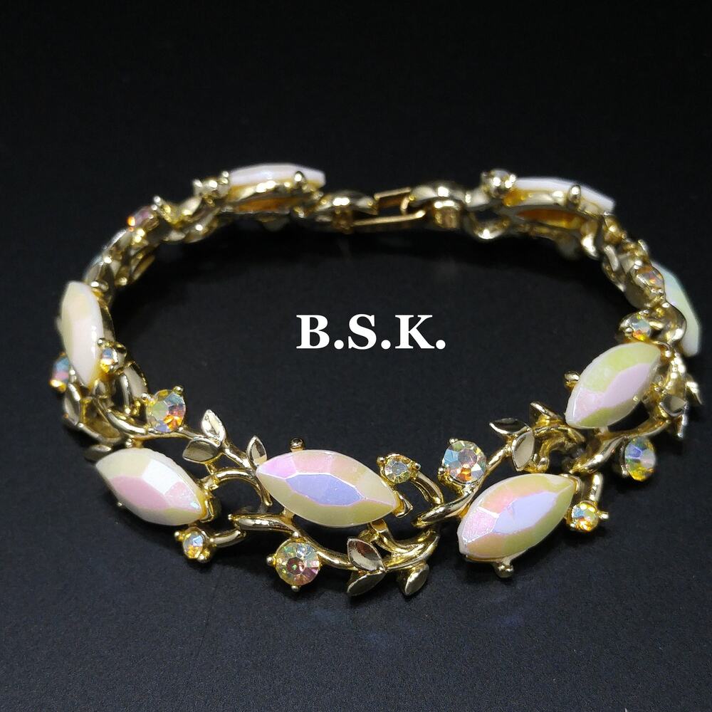 Vintage 1960s Signed White Fire Polished Rhinestone Bracelet